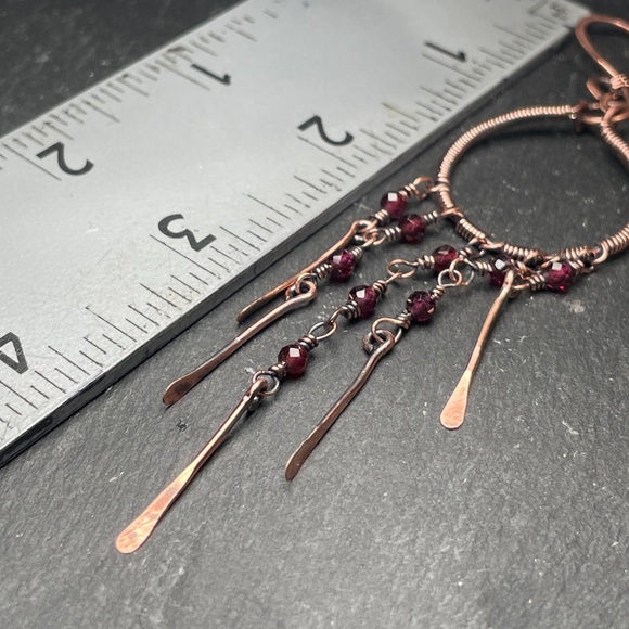 Hand Crafted Copper Red Garnet Crystal Beaded Dangle Chandelier Earrings - Picture 11 of 17